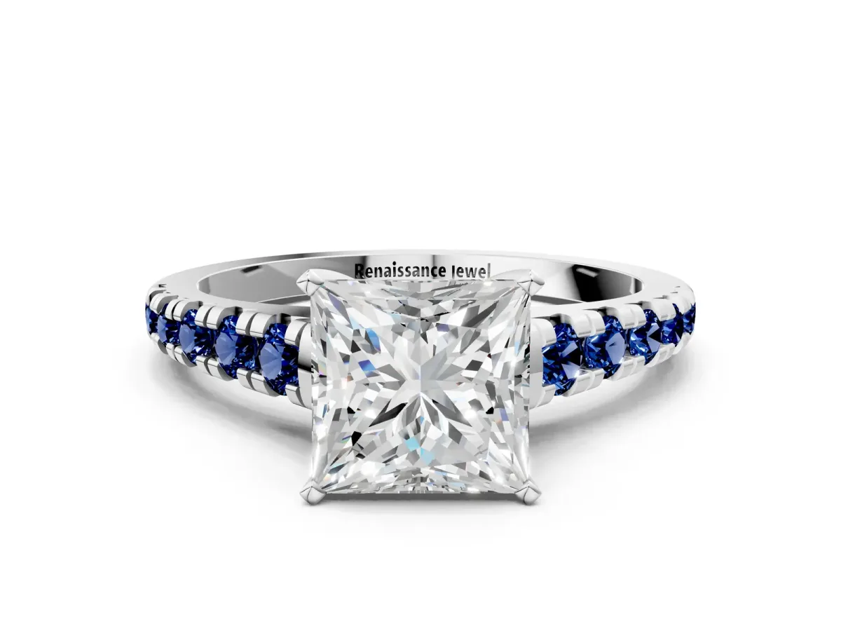 Princess Cut Diamond Cathedral Solitaire Ring with Round Blue Sapphire Pavé Band Platinum