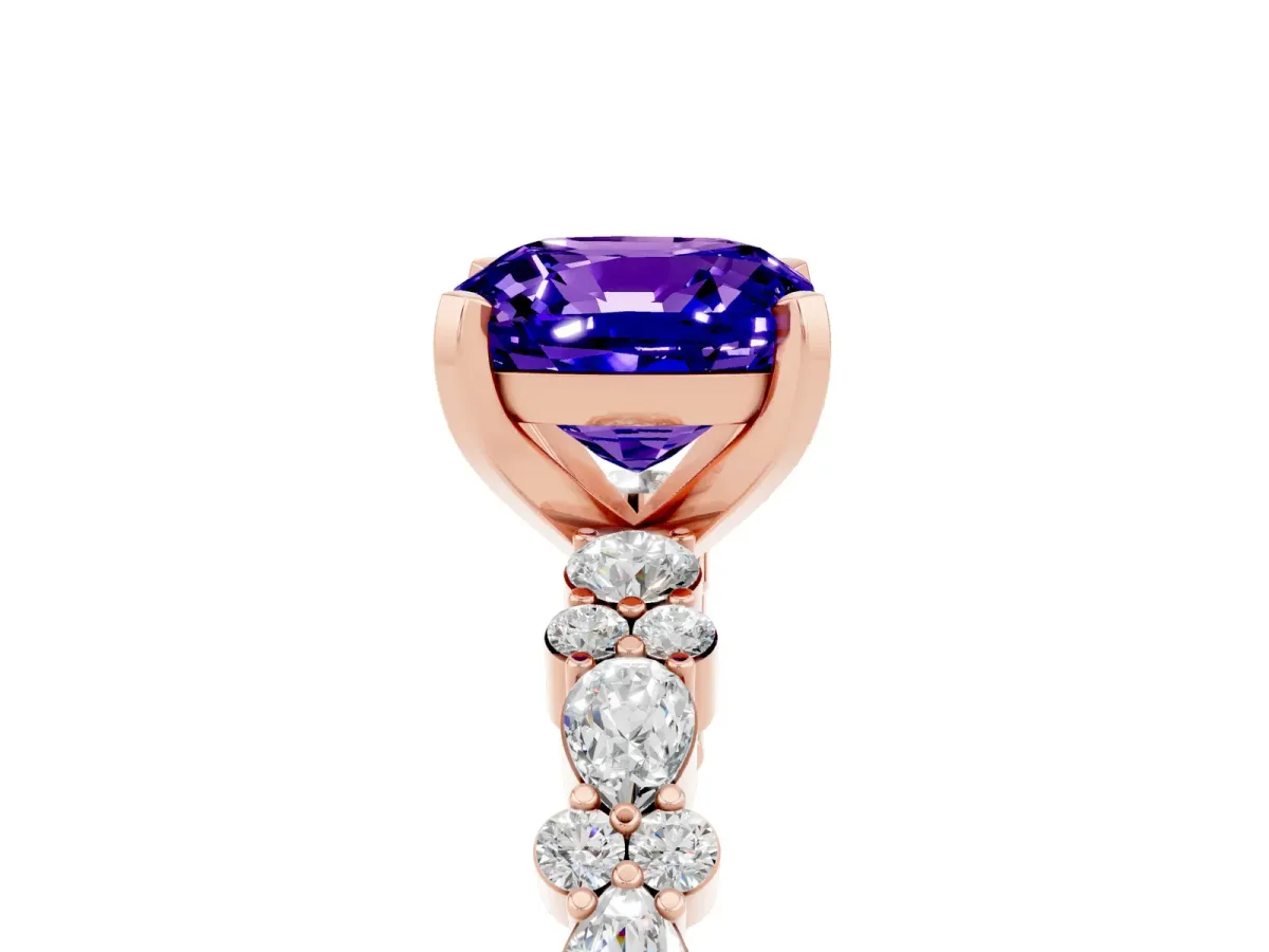 Cushion Cut Tanzanite Side Stone Solitaire Ring with Round and Four-Prong Setting Rose gold