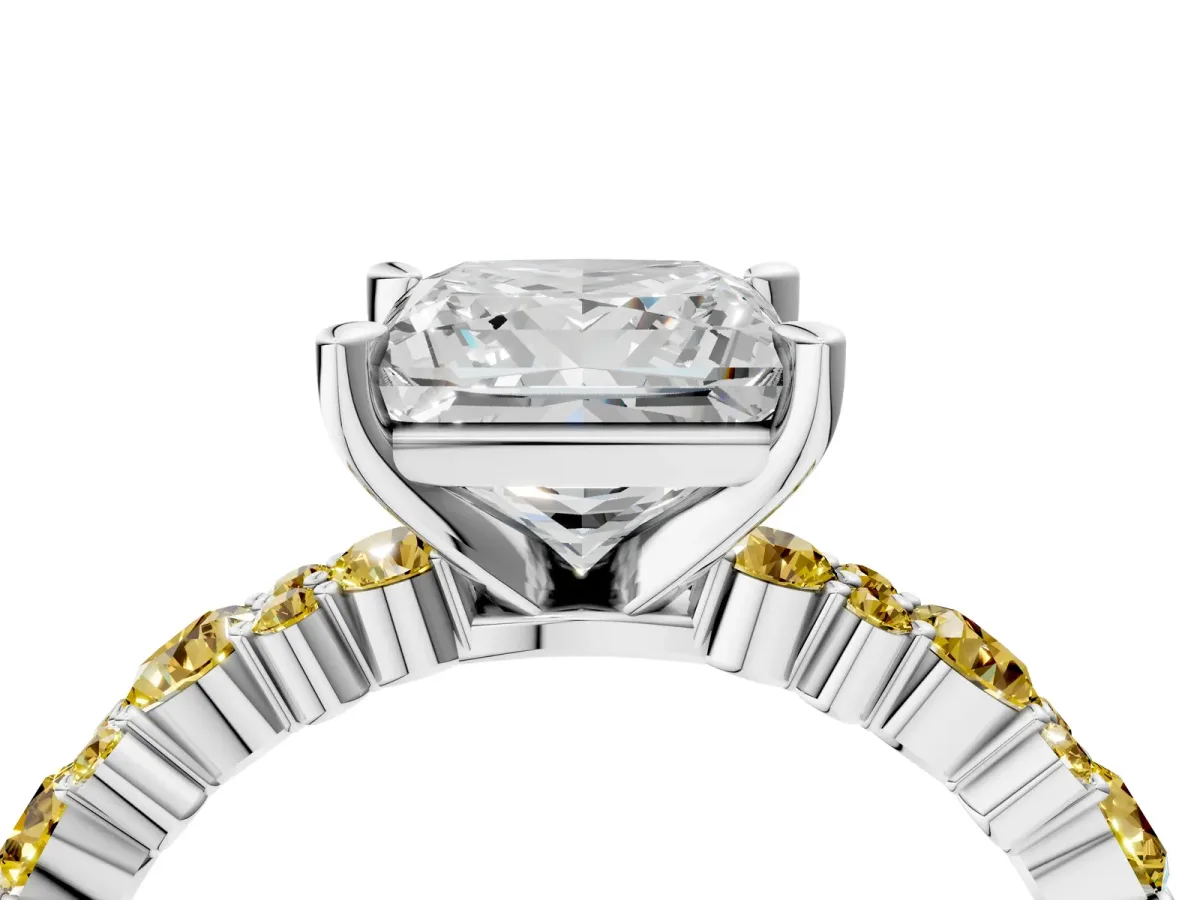 Princess Cut Diamond Side Stone Solitaire Ring with Round Yellow Sapphire and Four-Prong Setting Platinum