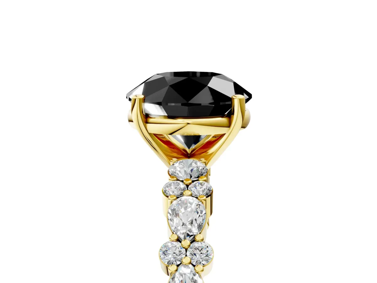 Fancy Black Round Cut Diamond Side Stone Solitaire Ring with Round and Four-Prong Setting Yellow gold