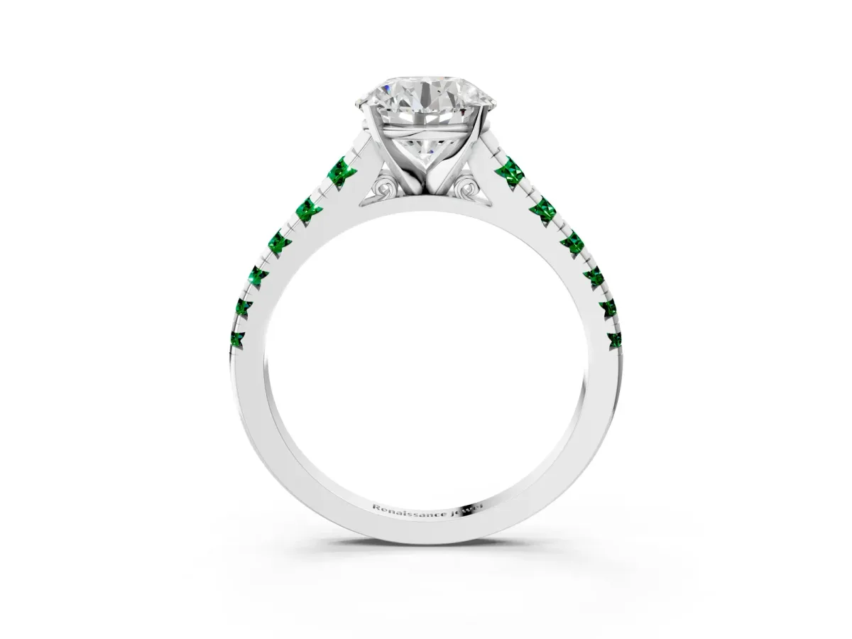 Round Cut Diamond Cathedral Solitaire Ring with Round Emerald Pavé Band White gold