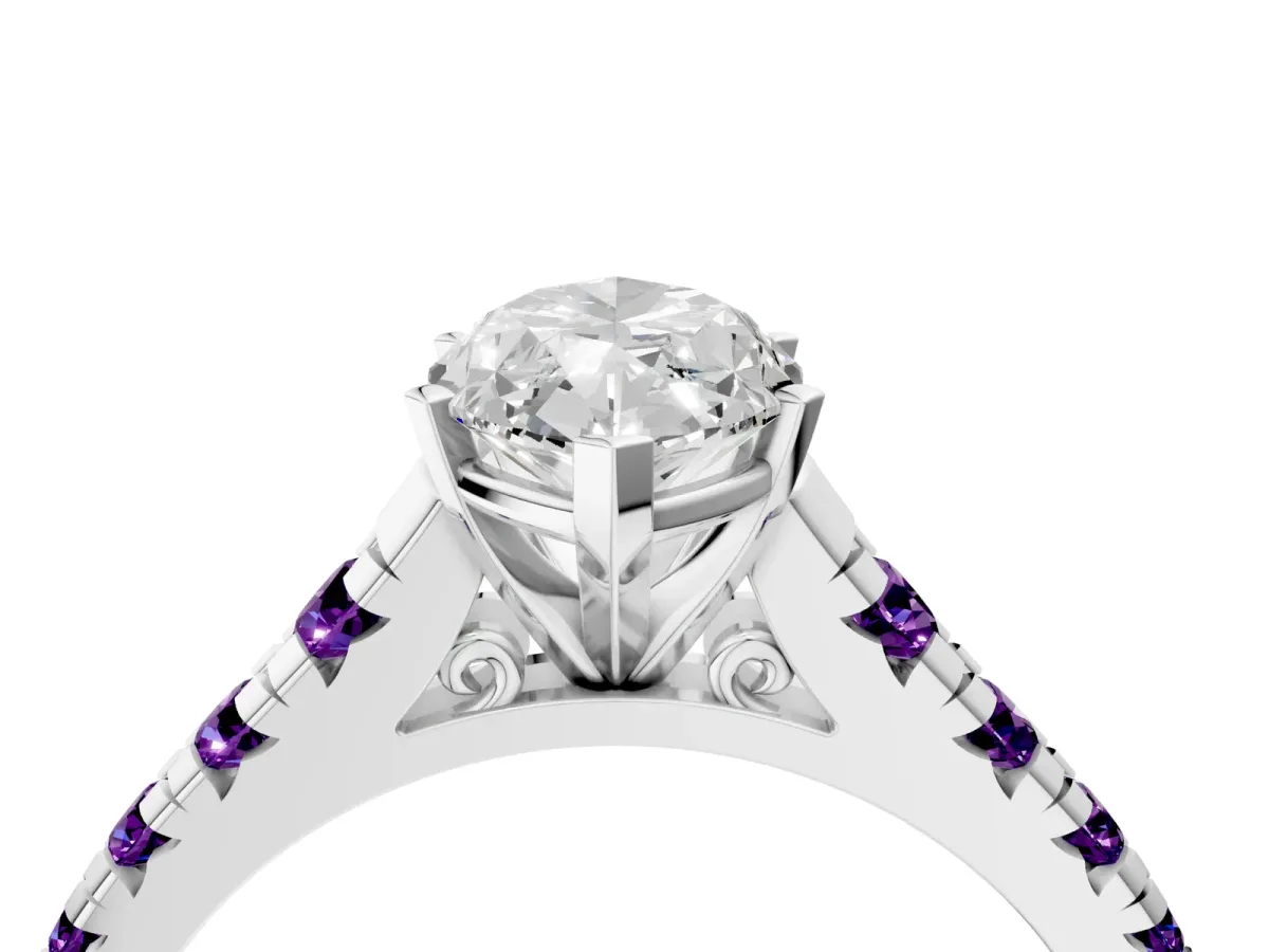 Marquise Cut Diamond Cathedral Solitaire Ring with Round Amethyst Pavé Band White gold