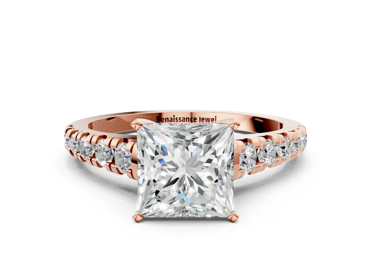 Princess Cut Diamond Cathedral Solitaire Ring with Round Pavé Band Rose gold