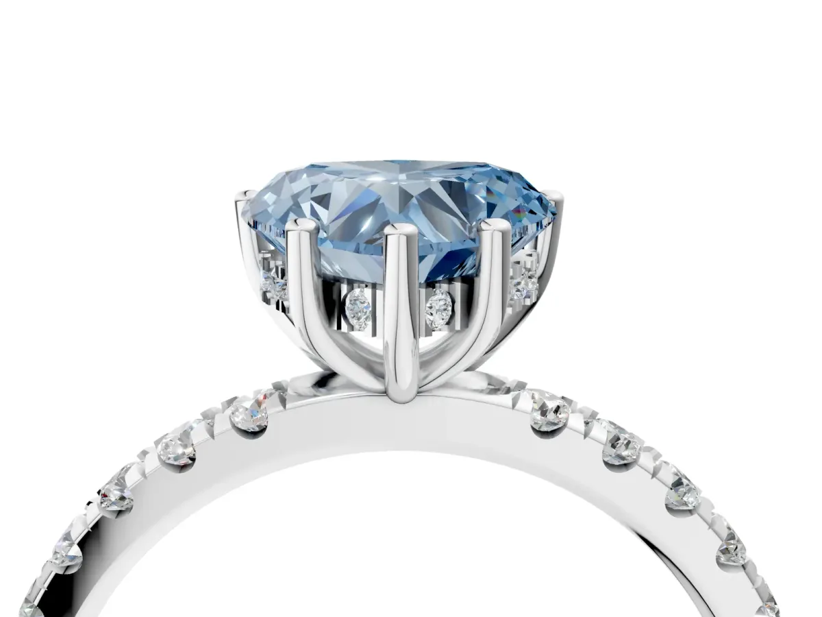 Fancy Blue Heart Cut Diamond Pave Band Solitaire Ring with Round and Prong Setting White gold
