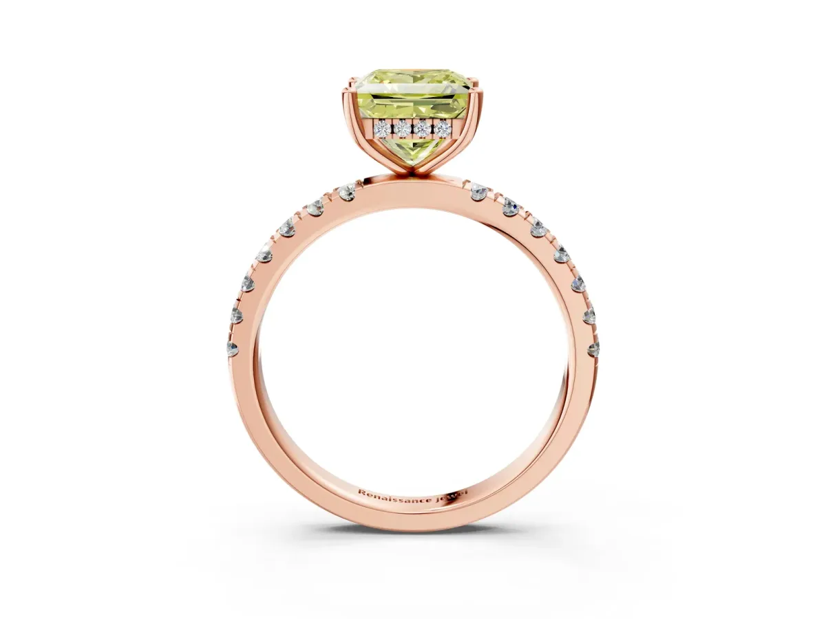 Fancy Yellow Princess Cut Diamond Pave Band Solitaire Ring with Round and Prong Setting Rose gold