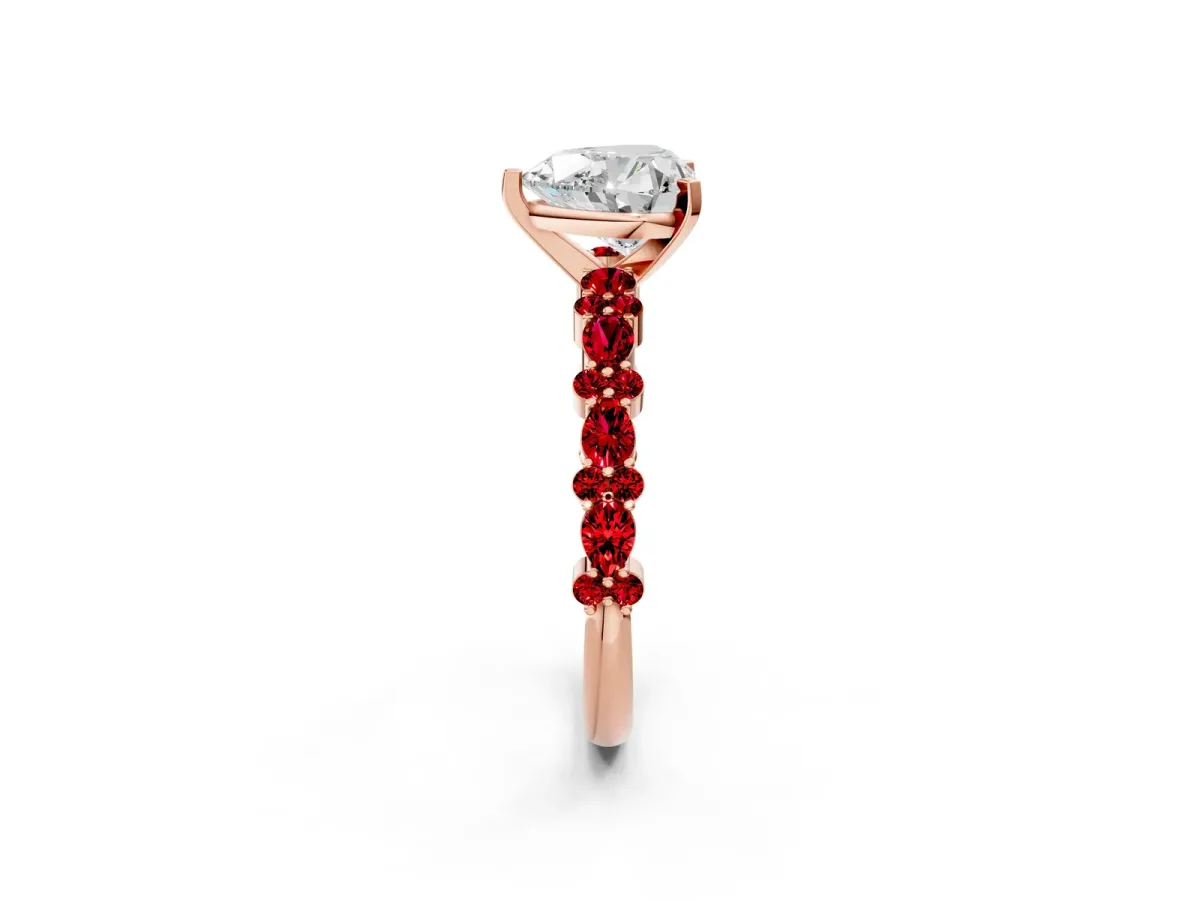 Heart Cut Diamond Side Stone Solitaire Ring with Round Ruby and Four-Prong Setting Rose gold