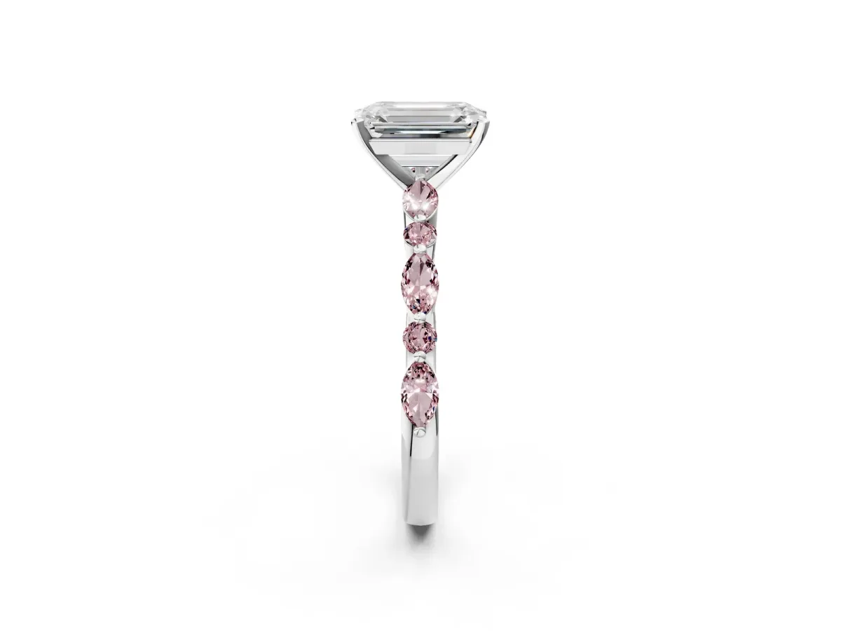 Emerald Cut Diamond Ring with Marquise and Round Morganite Side Stones and Four-Prong Setting Silver