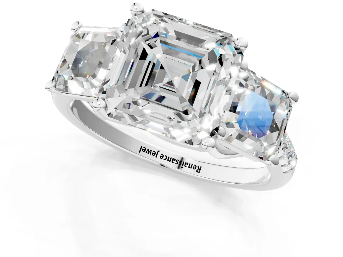 Three-Stone Asscher Cut Diamond Ring with Round Moissanite Pavé Band and Prong Setting White gold