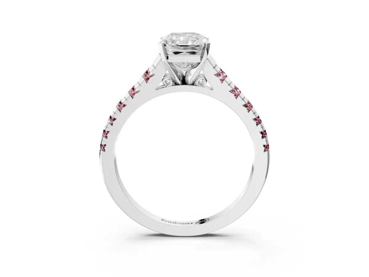 Radiant Cut Diamond Cathedral Solitaire Ring with Round Morganite Pavé Band Silver