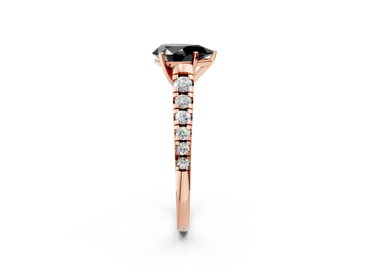 Fancy Black Pear Cut Diamond Cathedral Solitaire Ring with Round Pavé Band Rose gold