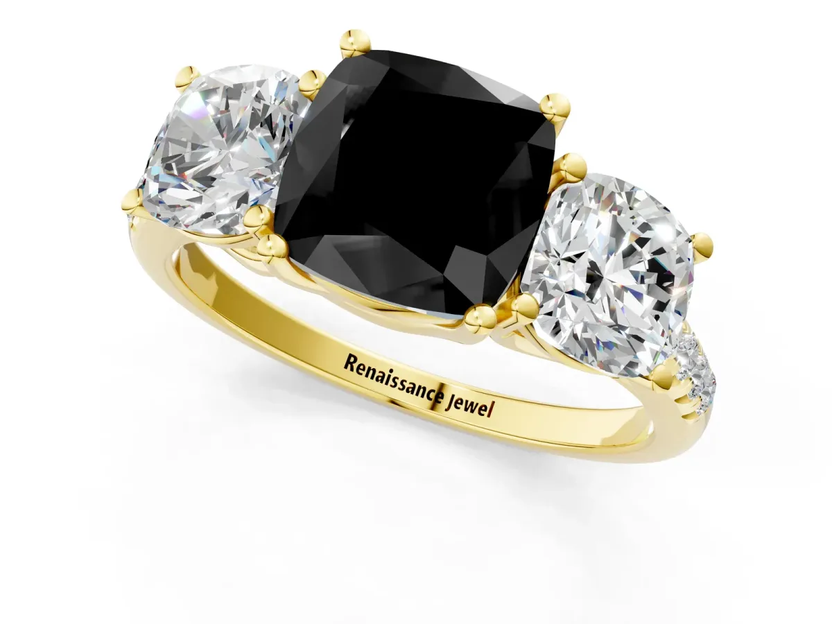 Fancy Black Three-Stone Cushion Cut Diamond Ring with Round Pavé Band and Prong Setting Yellow gold