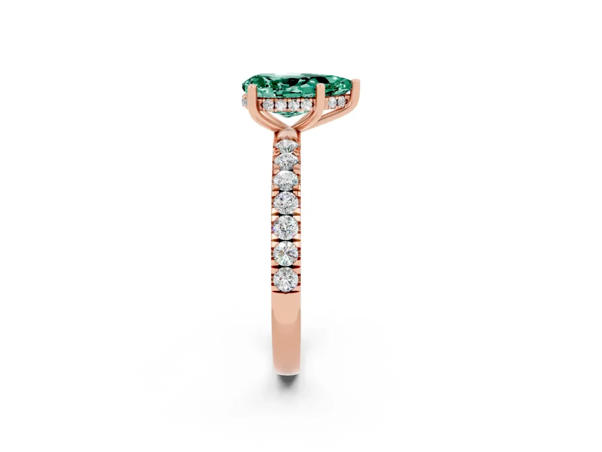 Pear Cut Green Sapphire Pave Band Solitaire Ring with Round and Prong Setting Rose gold
