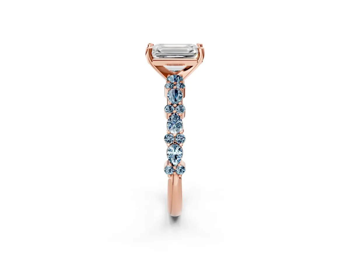 Emerald Cut Diamond Side Stone Solitaire Ring with Round Aquamarine and Four-Prong Setting Rose gold