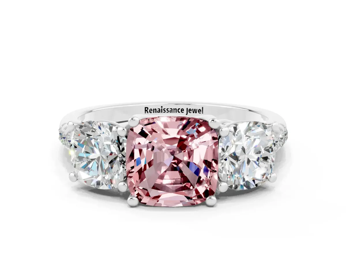 Three-Stone Cushion Cut Morganite Ring with Round Pavé Band and Prong Setting Silver