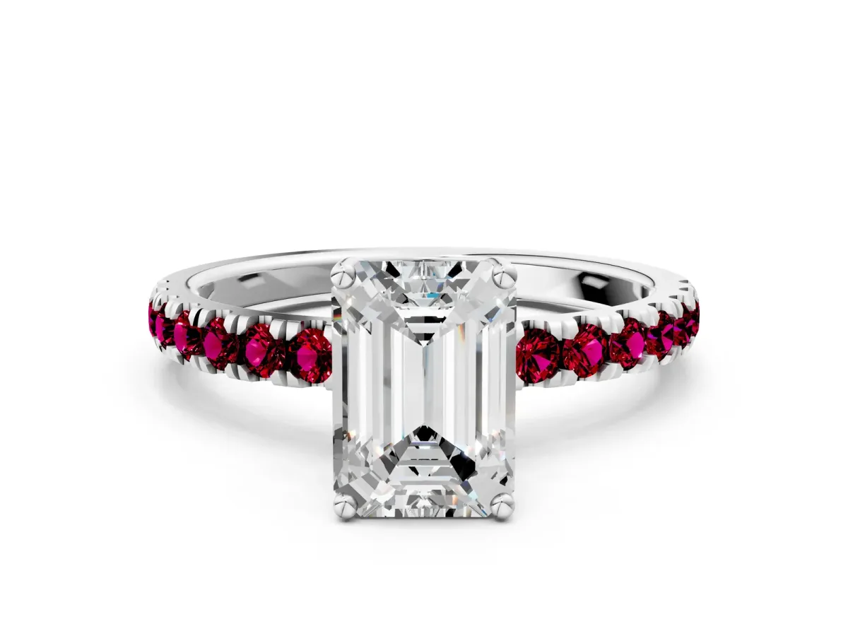Emerald Cut Diamond Pave Band Solitaire Ring with Round Garnet and Prong Setting White gold