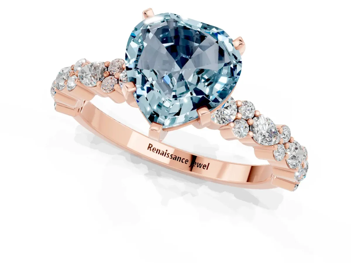 Heart Cut Aquamarine Side Stone Solitaire Ring with Round and Four-Prong Setting Rose gold