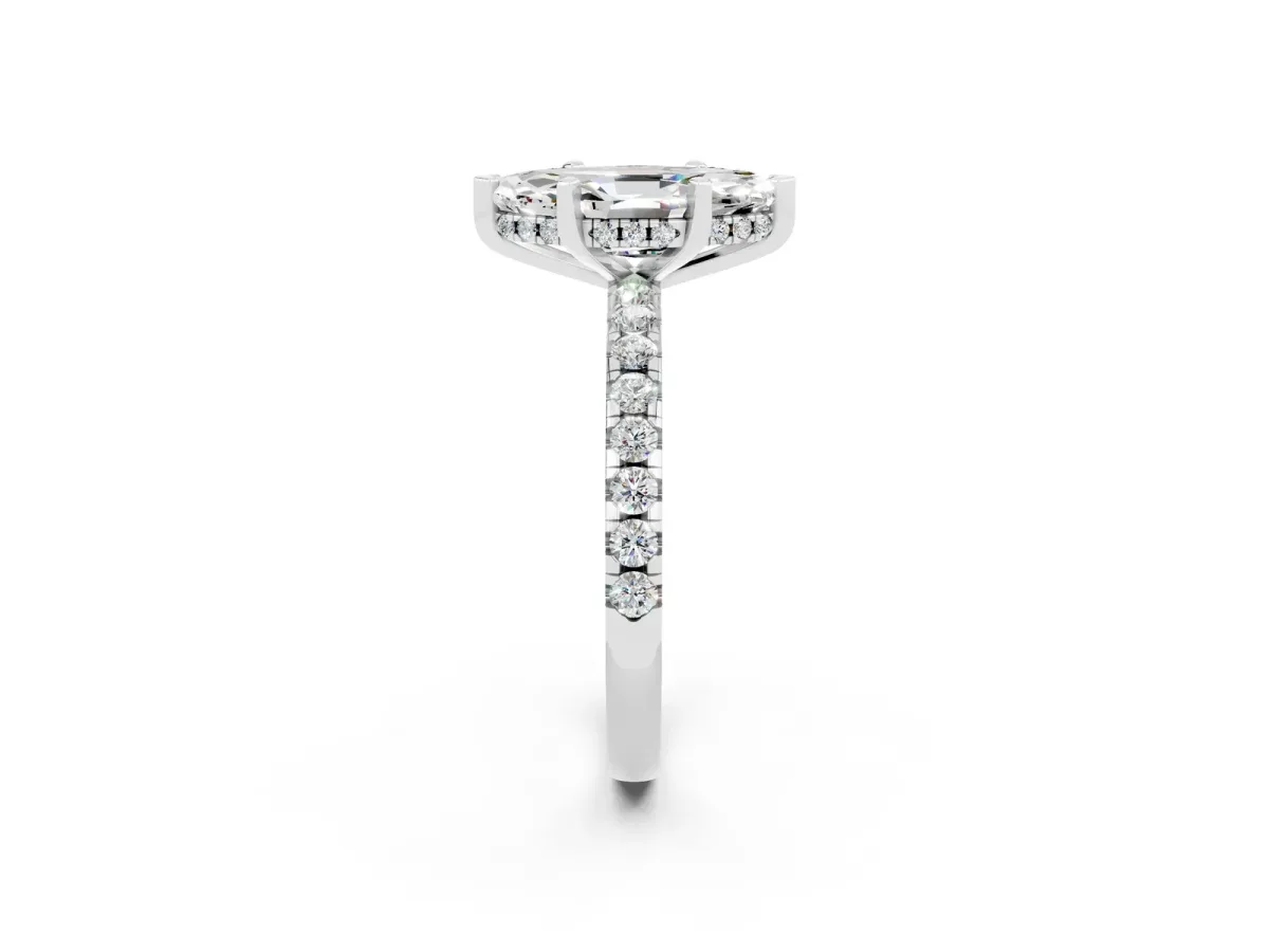 Marquise Cut Moissanite Solitaire Ring with Round Pavé Band and Four-Prong Setting Silver