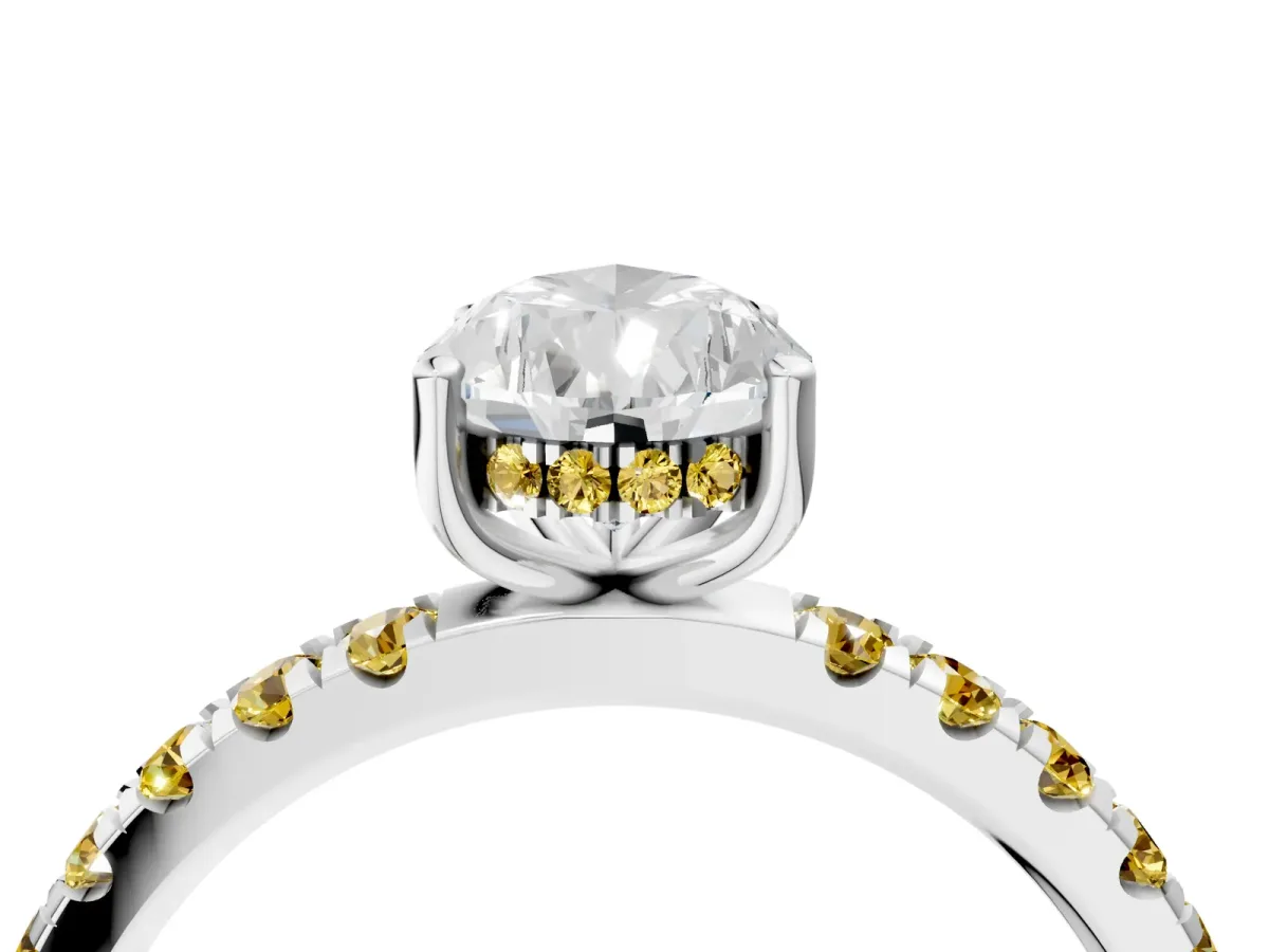 Pear Cut Diamond Pave Band Solitaire Ring with Round Yellow Sapphire and Prong Setting White gold