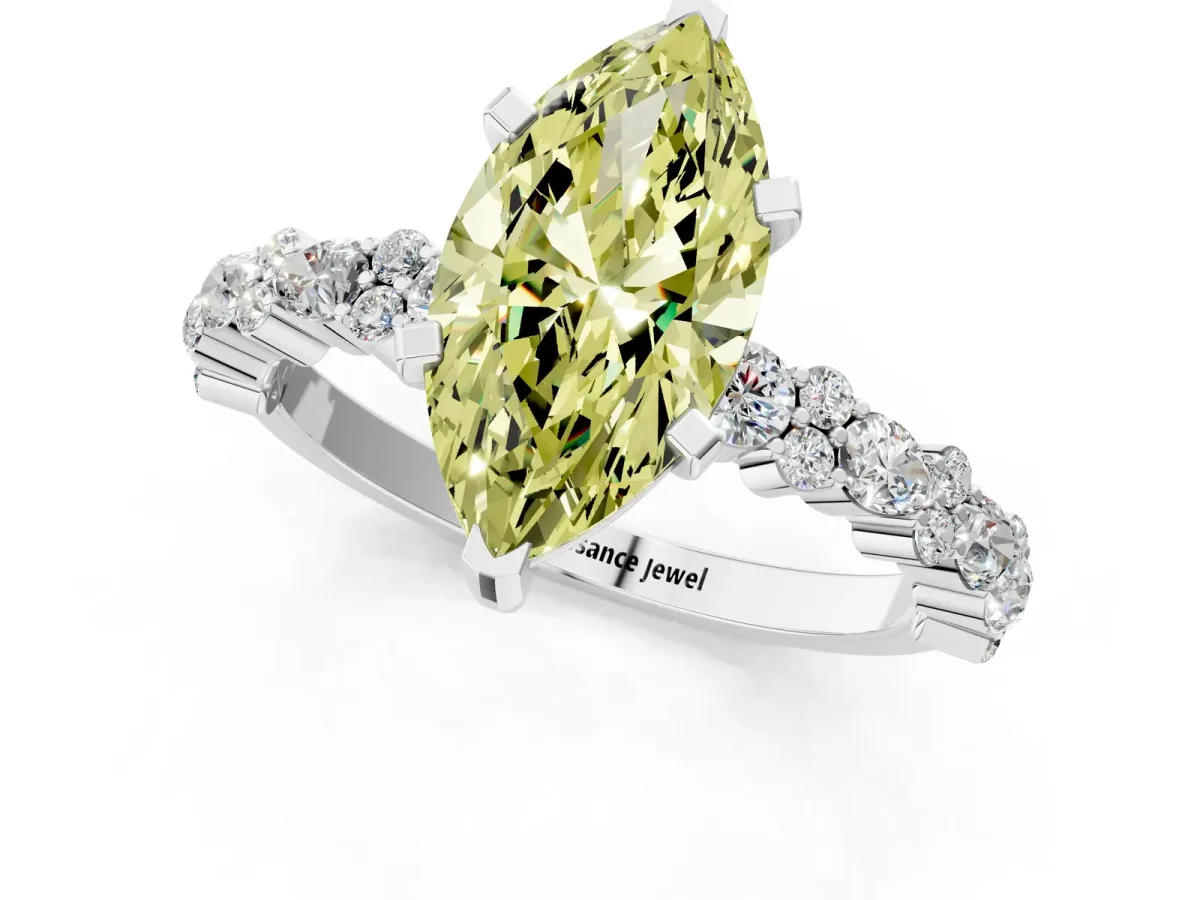 Fancy Yellow Marquise Cut Diamond Side Stone Solitaire Ring with Round and Four-Prong Setting White gold