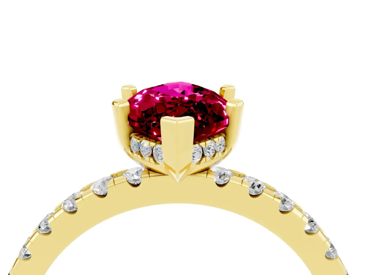 Marquise Cut Garnet Solitaire Ring with Round Pavé Band and Four-Prong Setting Yellow gold