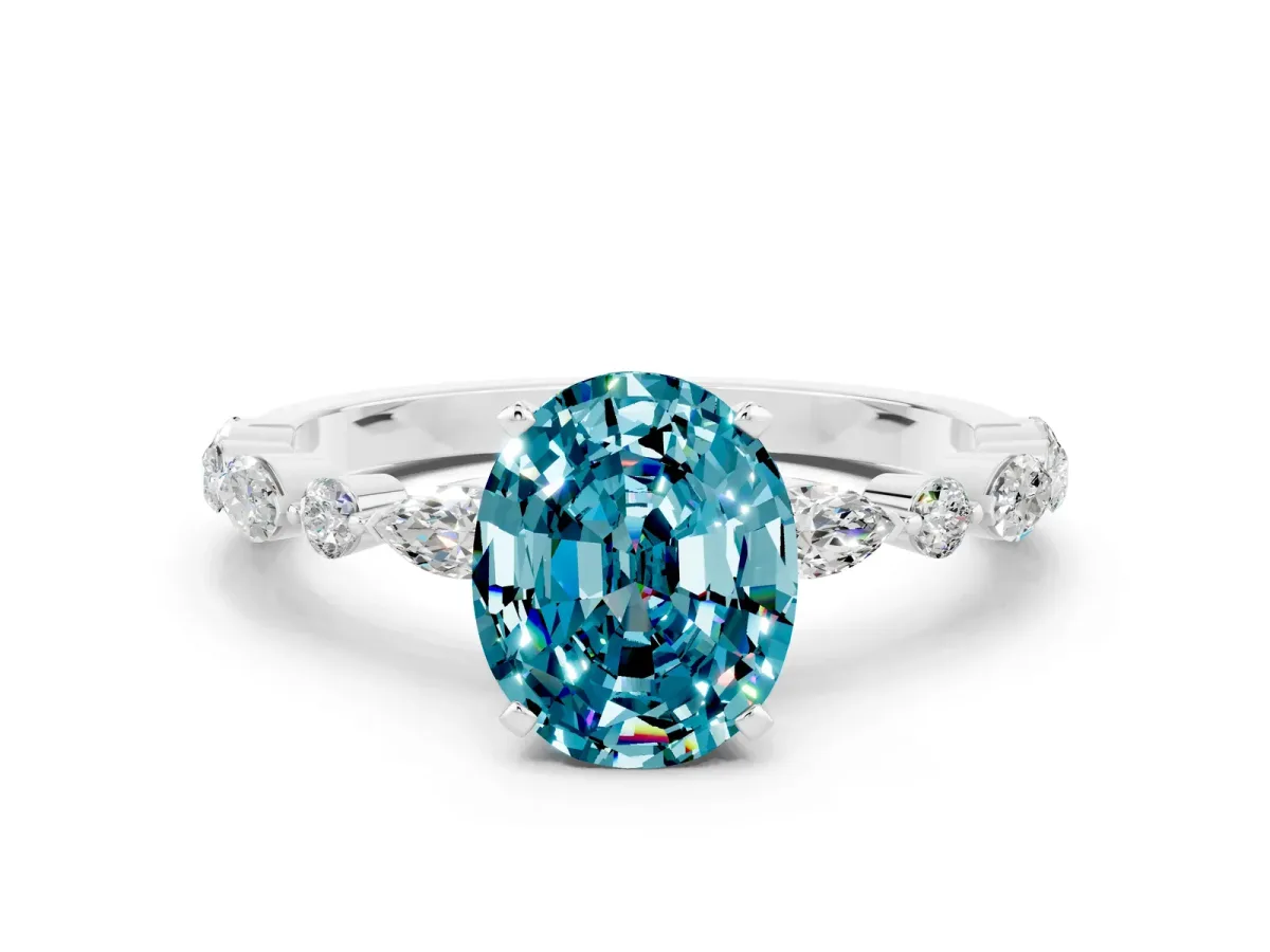 Oval Cut Blue Topaz Ring with Marquise and Round Side Stones and Four-Prong Setting Silver