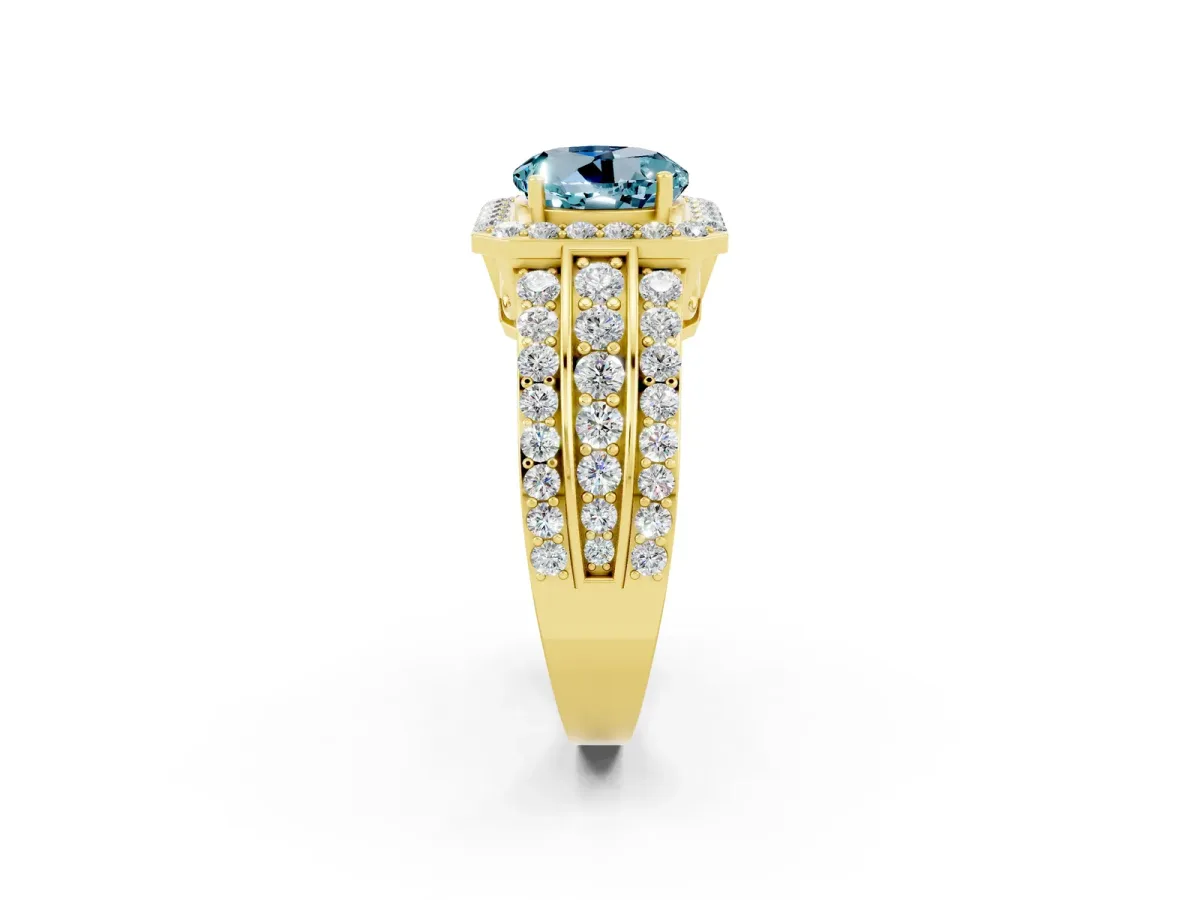 Round Cut Halo Aquamarine Ring with Round Split Shank and Prong Setting Yellow gold