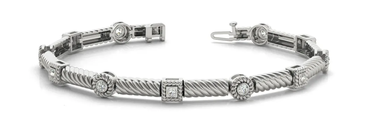 Round Bezel Set Diamond Rope Bracelet with Box Clasp White gold