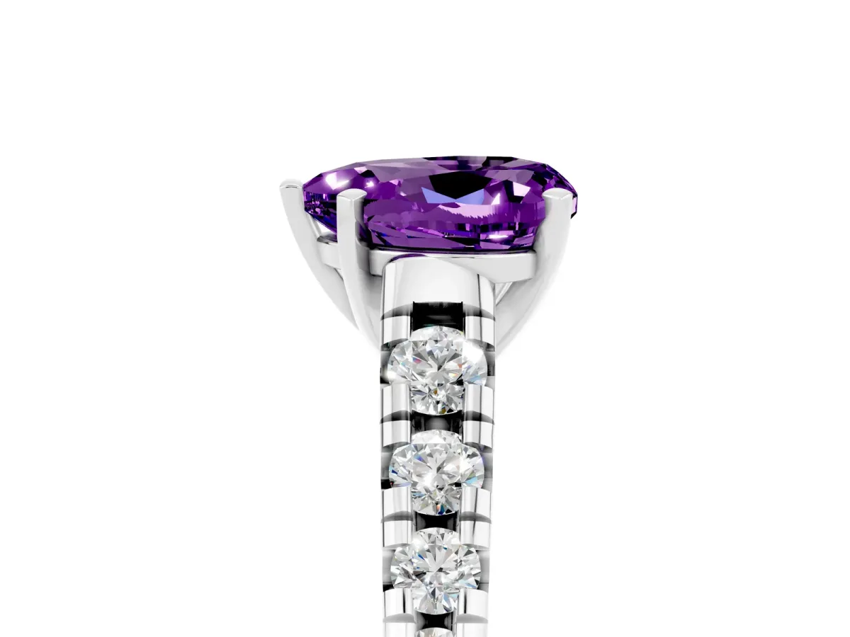 Heart Cut Amethyst Cathedral Solitaire Ring with Round Pavé Band White gold