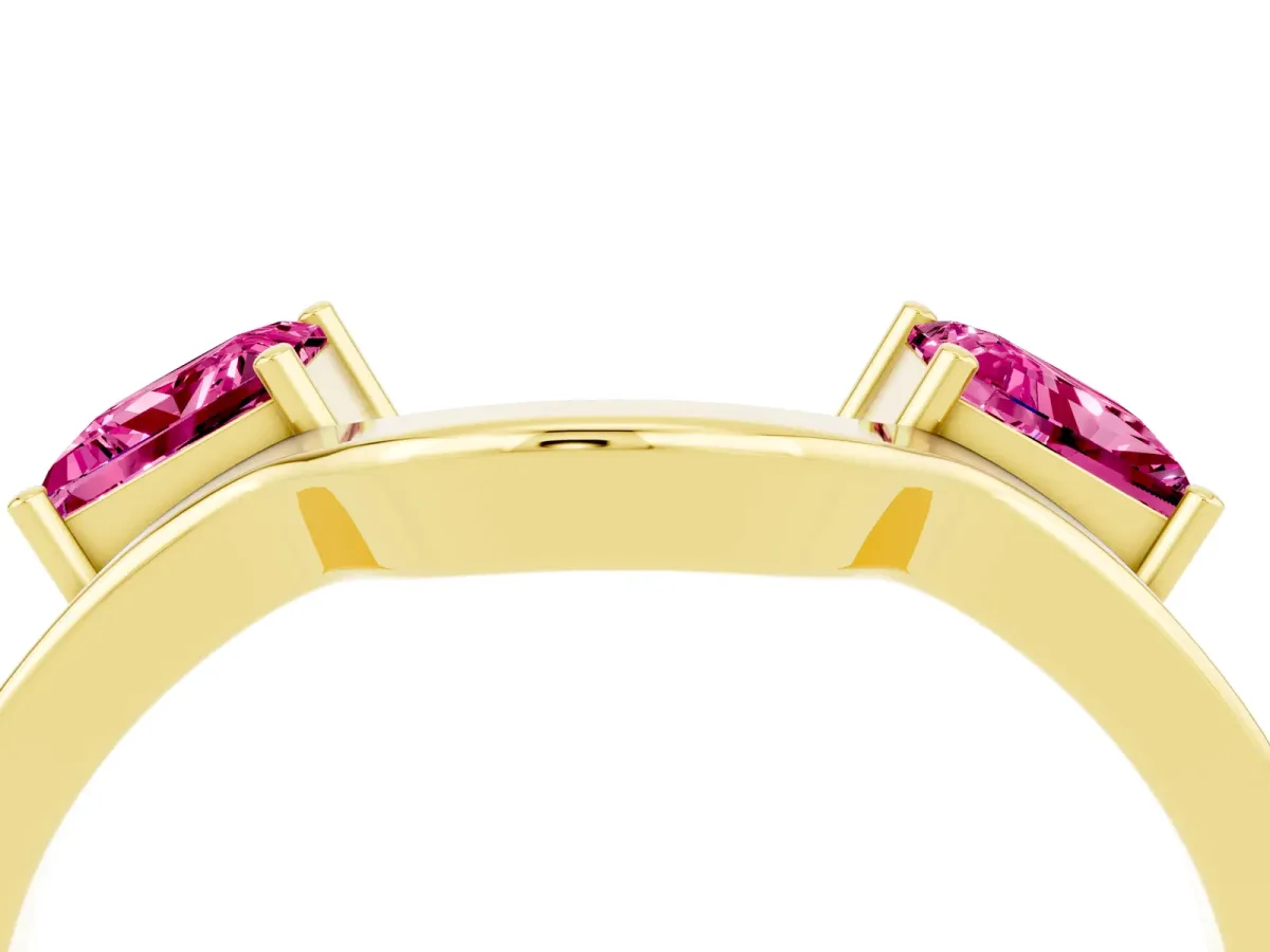 Princess Cut Pink Sapphire Two-Stone Open Band Ring with Four-Prong Setting Yellow gold