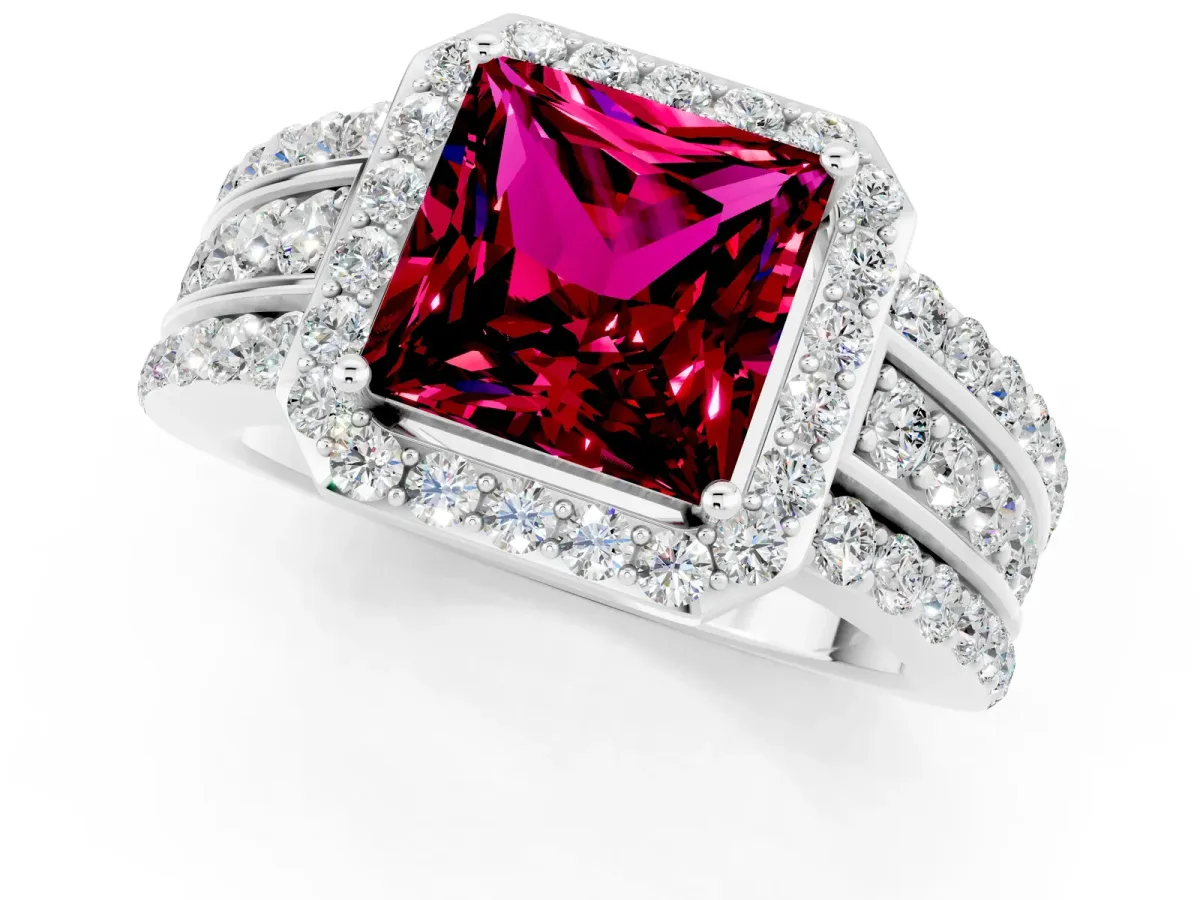Princess Cut Halo Garnet Ring with Round Split Shank and Prong Setting Silver