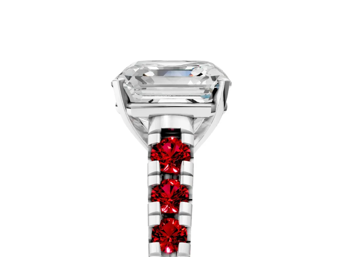 Asscher Cut Diamond Cathedral Solitaire Ring with Round Ruby Pavé Band White gold