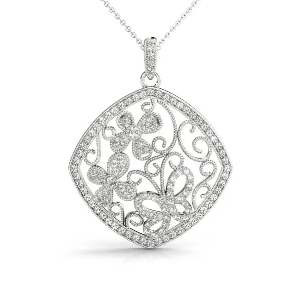 Pavé Diamond Floral Filigree Pendant Silver