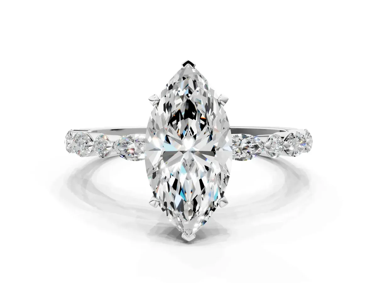 Marquise Cut Diamond Ring with Marquise and Round Side Stones and Four-Prong Setting Silver