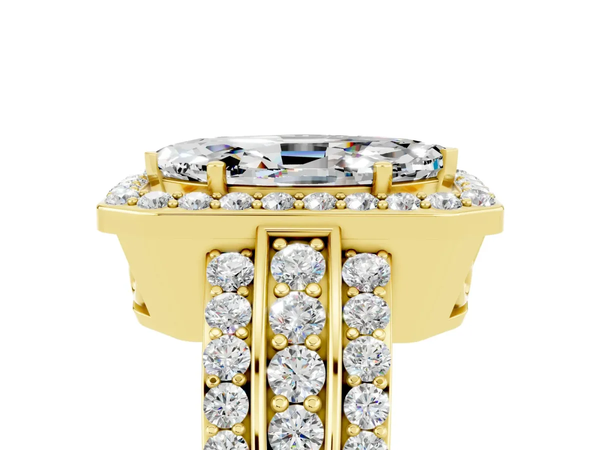 Marquise Cut Halo Moissanite Ring with Round Split Shank and Prong Setting Yellow gold