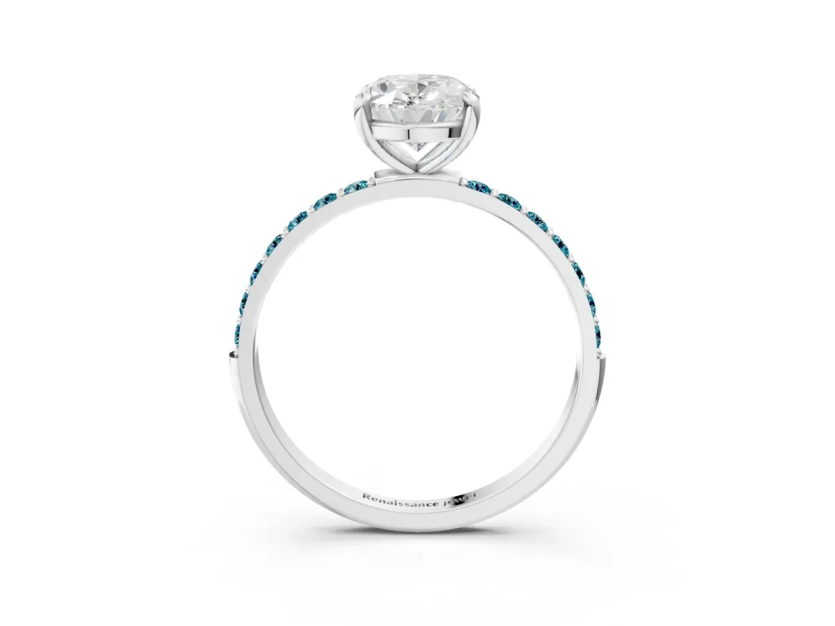 Oval Cut Diamond Solitaire Ring with Round Blue Topaz Pavé Band and Prong Setting Platinum