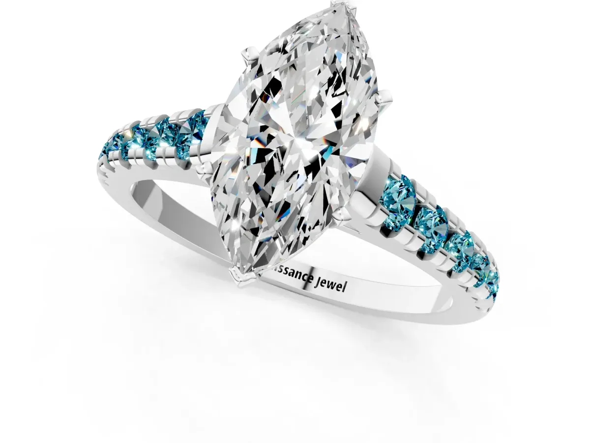 Marquise Cut Diamond Cathedral Solitaire Ring with Round Blue Topaz Pavé Band Silver