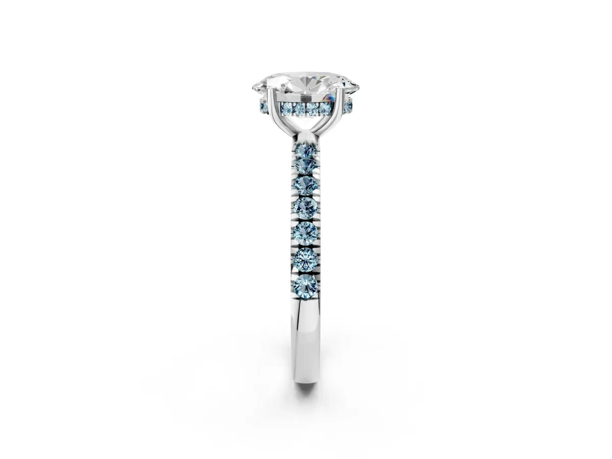 Oval Cut Diamond Pave Band Solitaire Ring with Round Aquamarine and Prong Setting Platinum