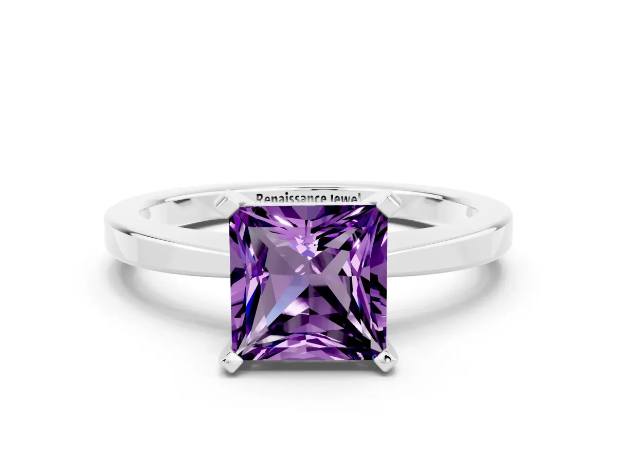 Princess Cut Amethyst Solitaire Engagement Ring with Classic Band and Four-Prong Setting Platinum