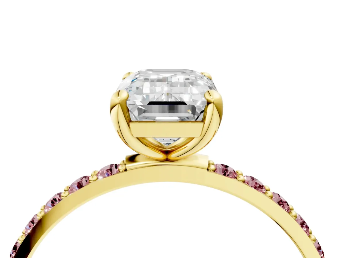 Emerald Cut Diamond Solitaire Ring with Round Morganite Pavé Band and Prong Setting Yellow gold