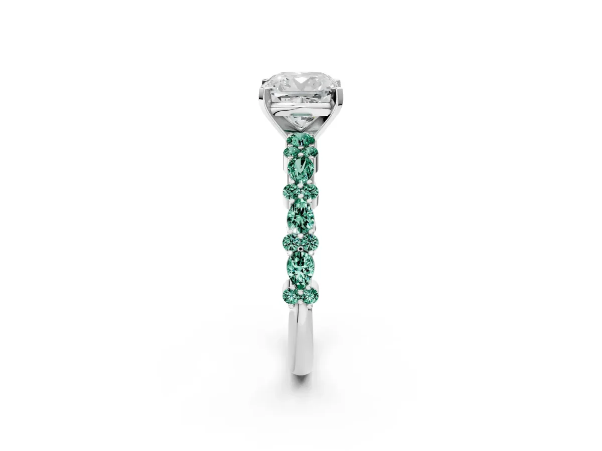 Cushion Cut Diamond Side Stone Solitaire Ring with Round Green Sapphire and Four-Prong Setting Platinum