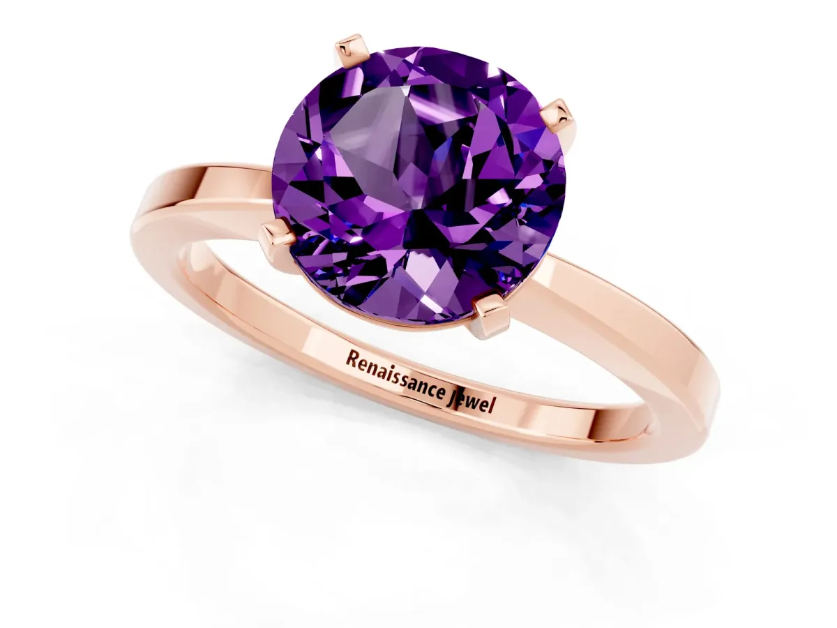 Round Cut Amethyst Solitaire Engagement Ring with Classic Band and Four-Prong Setting Rose gold