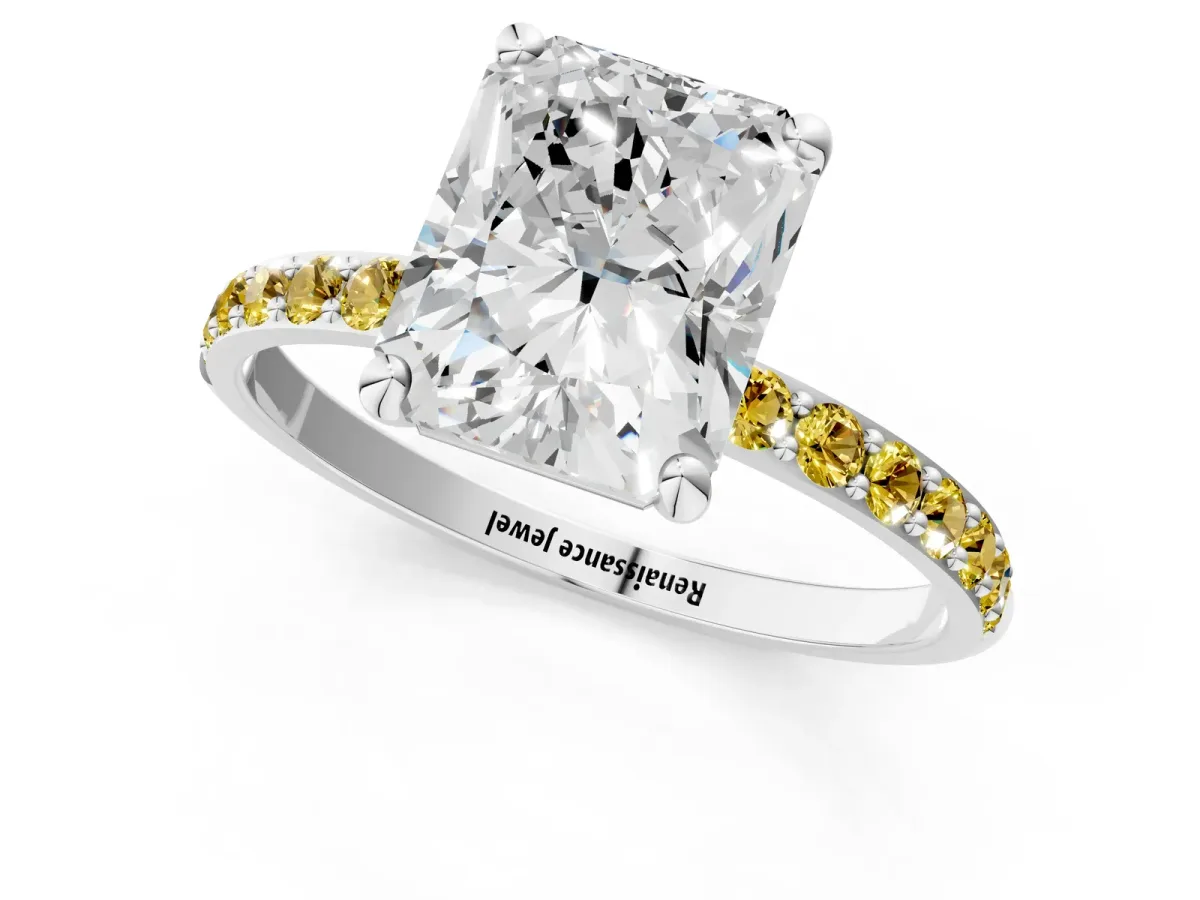 Radiant Cut Diamond Solitaire Ring with Round Yellow Sapphire Pavé Band and Prong Setting Silver