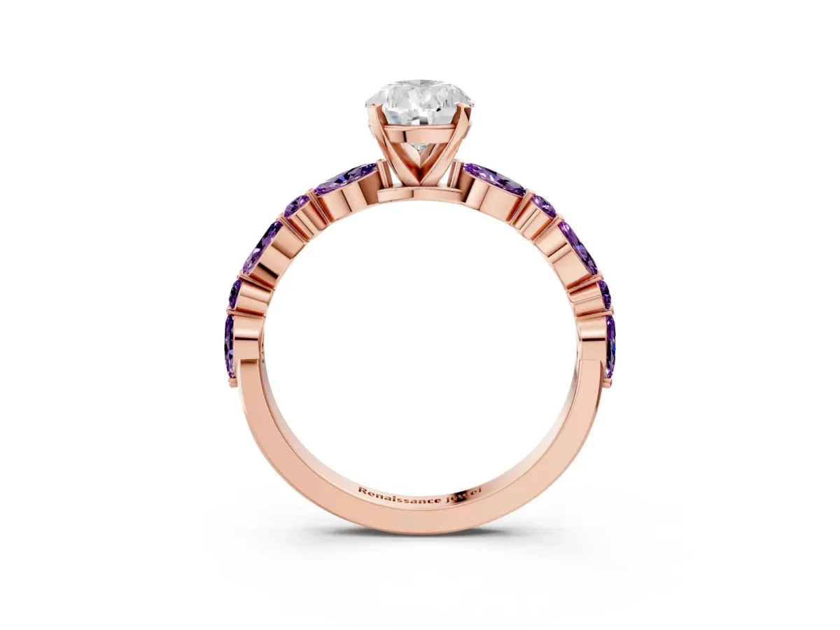 Pear Cut Diamond Ring with Marquise and Round Amethyst Side Stones and Four-Prong Setting Rose gold