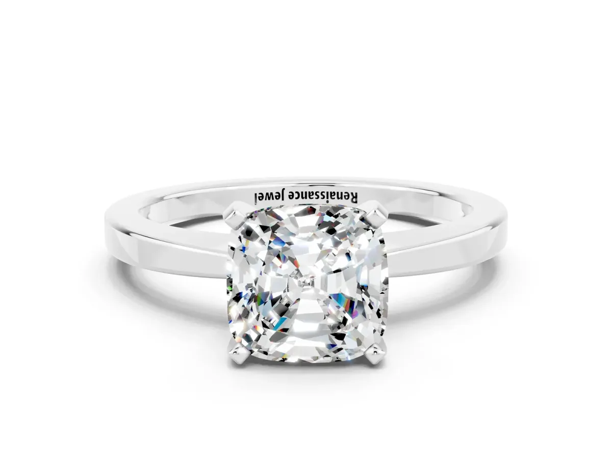 Cushion Cut Moissanite Solitaire Engagement Ring with Classic Band and Four-Prong Setting Silver