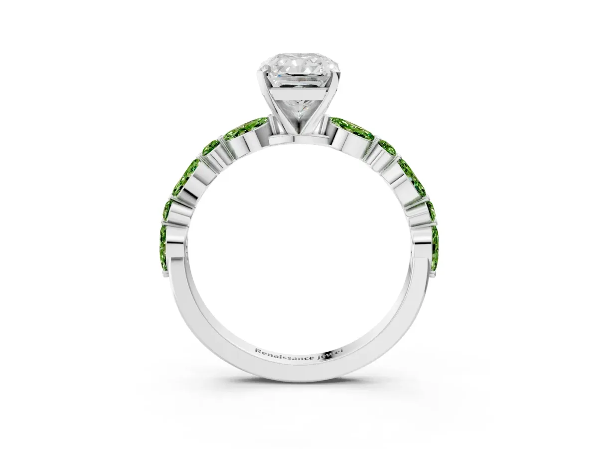 Radiant Cut Diamond Ring with Marquise and Round Peridot Side Stones and Four-Prong Setting Silver