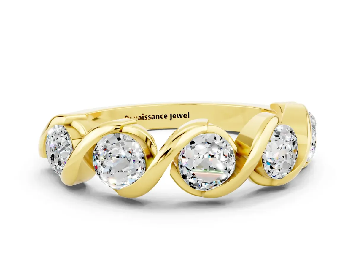 Round Moissanite Wave Band with Channel Setting and Shared Prongs Yellow gold
