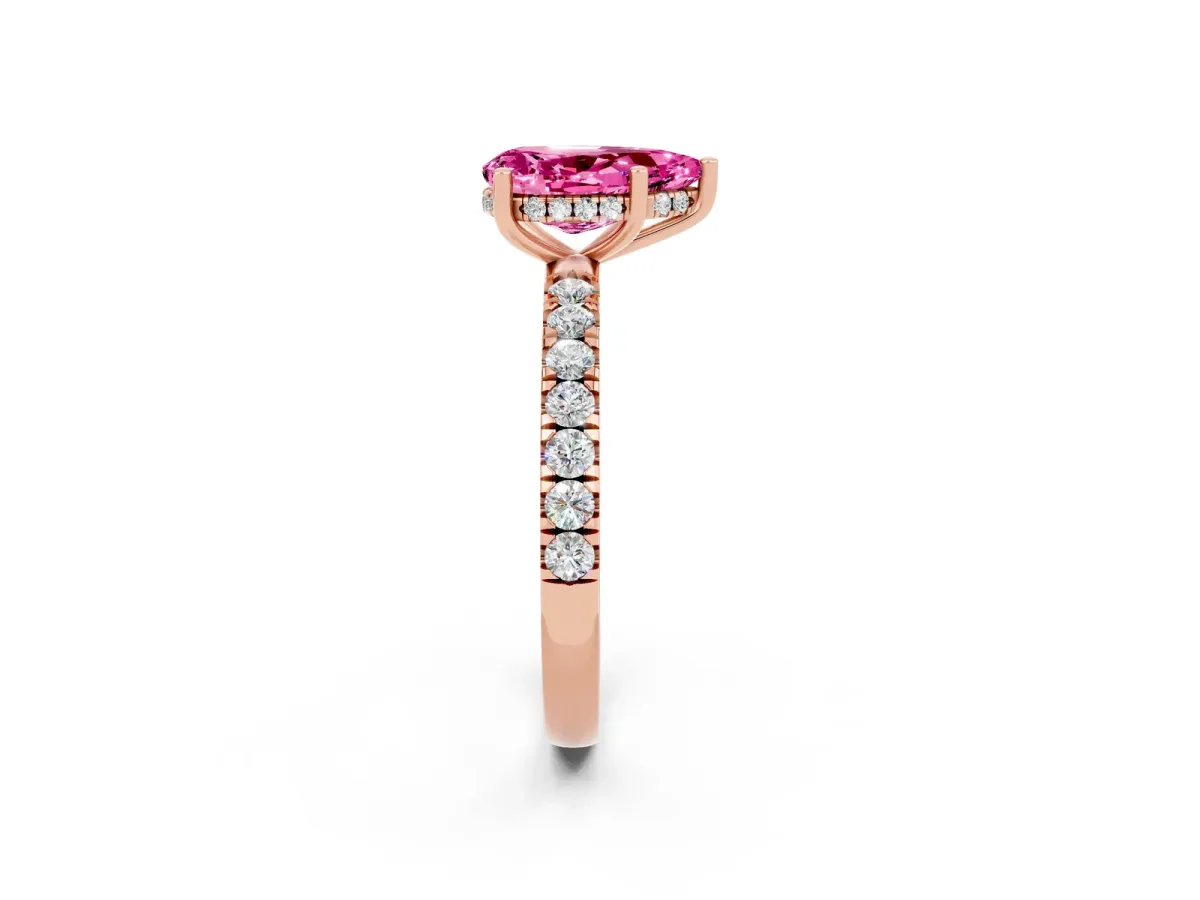 Pear Cut Pink Sapphire Pave Band Solitaire Ring with Round and Prong Setting Rose gold