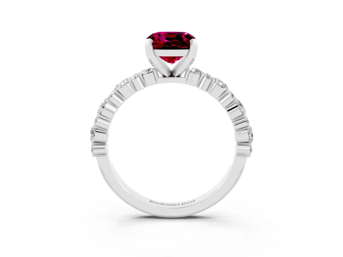 Cushion Cut Garnet Side Stone Solitaire Ring with Round and Four-Prong Setting Silver