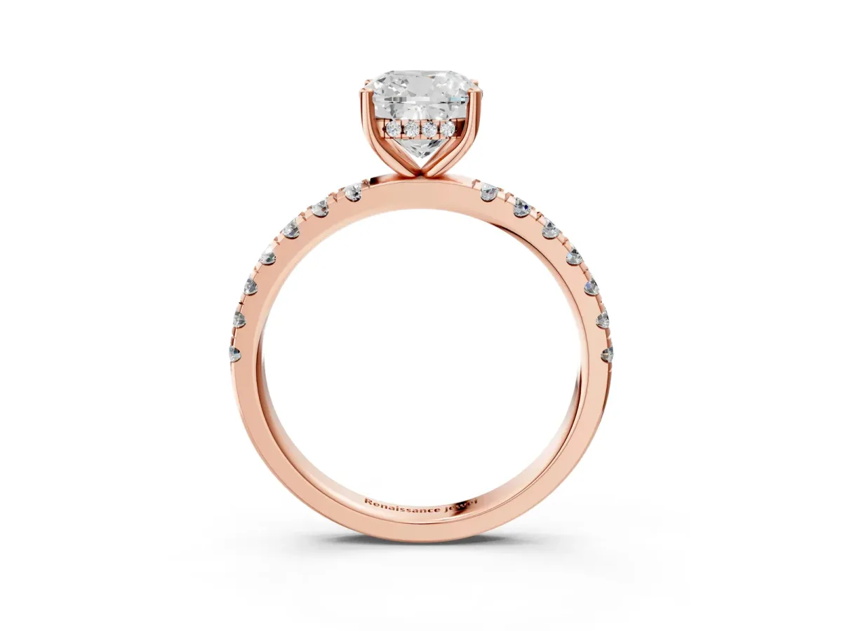 Cushion Cut Diamond Pave Band Solitaire Ring with Round and Prong Setting Rose gold