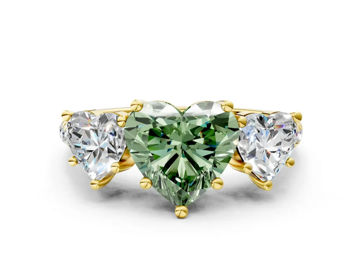 Fancy Green Three-Stone Heart Cut Diamond Ring with Round Pavé Band and Prong Setting Yellow gold